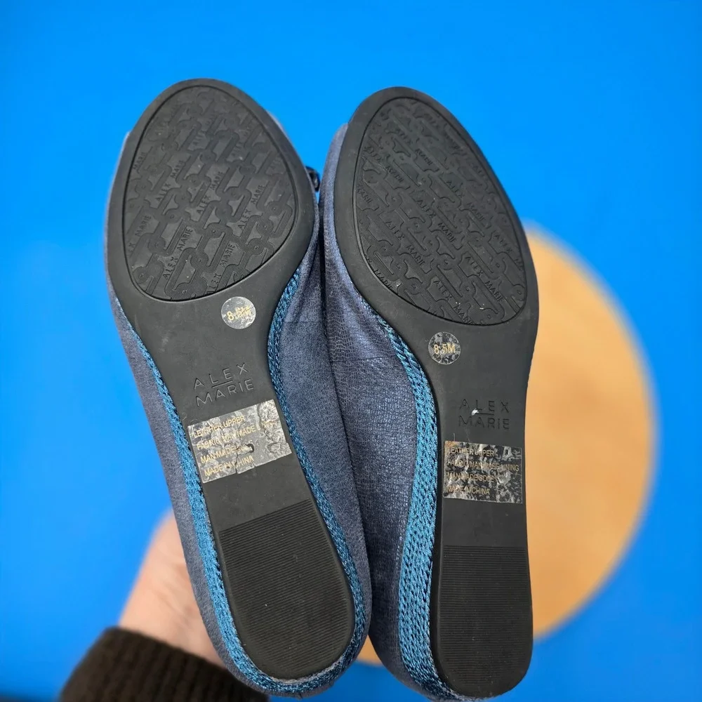 Alex Marie Peep Toe Wedge Flats Embellished Blue‎ Suede Women's Size 8.5M